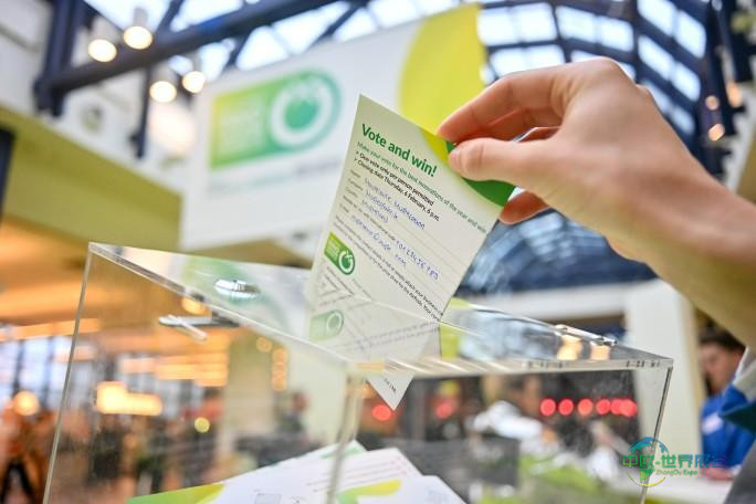 一只手将填好的选票投入透明投票箱。